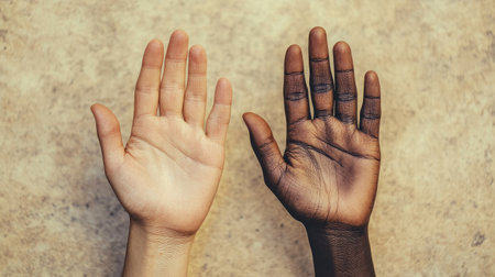 This captivating image shows two hands of different skin tones, emphasizing diversity and unity. It symbolizes connection, acceptance, and harmony within a multicultural society.の素材