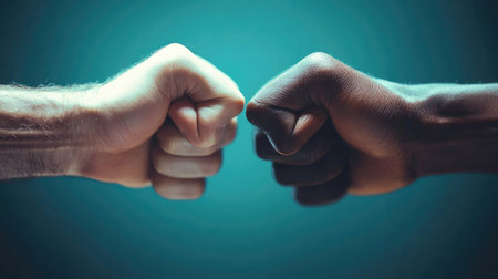 Two fists of different skin tones meet in a fist bump, symbolizing strength and unity, set against a striking teal background, representing friendship and collaboration.の素材