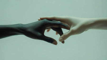 A powerful artistic image showcasing a black hand and a white hand reaching out to each other, symbolizing unity, diversity, and the beauty of human connection.の素材