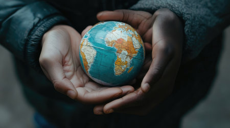 Two pairs of young hands hold a small globe, symbolizing global unity and the importance of caring for our world, promoting awareness and environmental responsibility.の素材