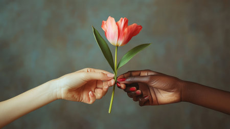 Two hands, one light and one dark, gracefully offer a pink tulip, symbolizing unity and connection, with a soft blurred background enhancing the emotional warmth of the scene.の素材
