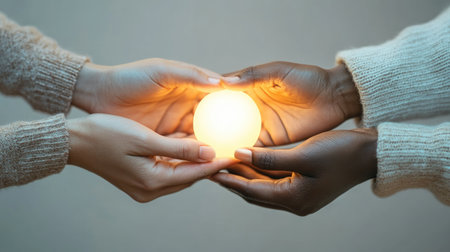 This captivating image portrays diverse hands gently holding a glowing sphere, symbolizing unity and connection in a serene and warm environment.の素材