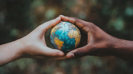 A touching image depicting hands of diverse ethnicities holding a globe, symbolizing global unity, cultural diversity, and our responsibility toward Earth and each other.の素材