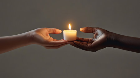 Two hands gently hold a lit candle, embodying unity and hope. This image represents the beauty of connection and the warmth of shared light across cultures and backgrounds.の素材