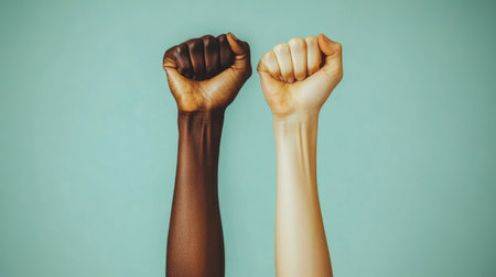 Two human fists, one dark and one light, raised together against a serene blue backdrop symbolize unity, strength, and the ongoing fight for equality and social justice.の素材