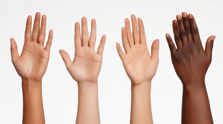A powerful representation of diverse skin tones displayed through hands, symbolizing unity, acceptance, and the beauty of cultural diversity in human society.の素材