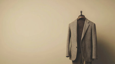 A stylish tailored suit displayed on a mannequin, set against a neutral wall. This image embodies sophistication and is perfect for showcasing men's formal wear or fashion designs.の素材