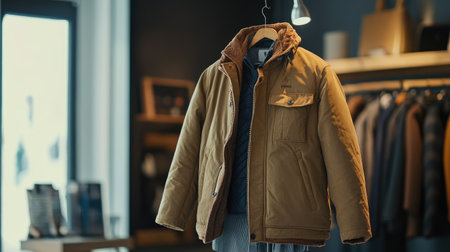 A fashionable warm jacket hangs in a modern boutique, showcasing current trends in menswear for the winter season, perfect for stylish cold weather outfits.の素材
