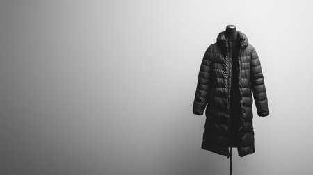 A stylish black puffer jacket elegantly displayed on a mannequin, set against a minimalist backdrop, perfect for showcasing modern winter fashion trends in stock photography.の素材
