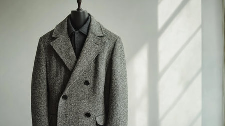 A stylish grey tweed overcoat is showcased on a mannequin in a minimalistic studio, highlighting its elegant design and the interplay of light and shadow in the space.の素材