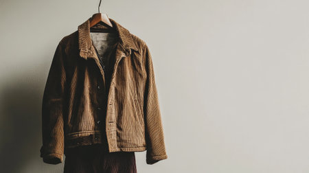 A stylish corduroy jacket displayed on a wooden hanger against a soft neutral background, perfect for showcasing apparel and capturing modern fashion aesthetics.の素材