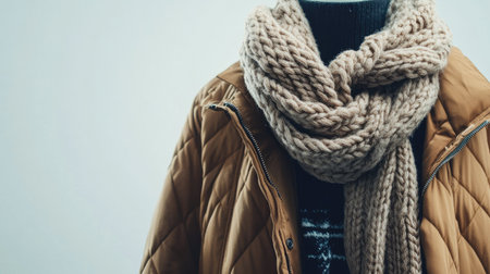 This image features a stylish outfit composed of a warm brown jacket and a thick knit scarf, ideal for winter fashion inspiration and cold weather dressing.の素材