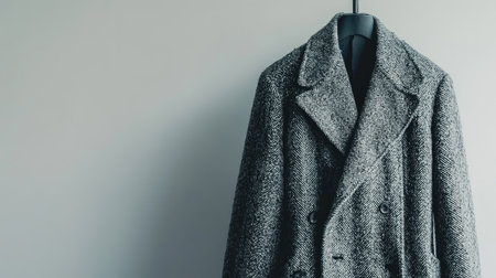 A stylish gray tweed overcoat showcased on a hanger against a minimalist wall, perfect for autumn or winter fashion inspiration and contemporary style ideas.の素材