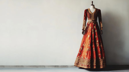 A stunning traditional dress displayed on a mannequin, highlighting intricate designs and vibrant colors in a stylish studio setting with soft lighting.の素材