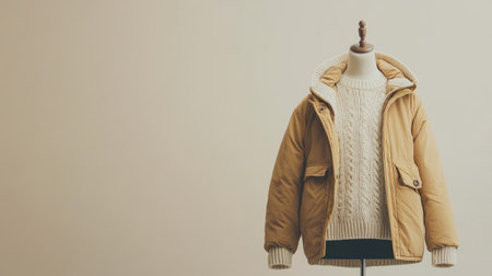 A beautiful arrangement of a stylish gold jacket and cream sweater draped on a mannequin. This image captures modern fashion in a soft minimalist setting, perfect for apparel displays.の素材
