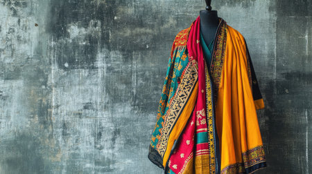 This image features an elegant dress form adorned with vibrant traditional fabrics, highlighting intricate patterns and rich colors against a textured wall background.の素材
