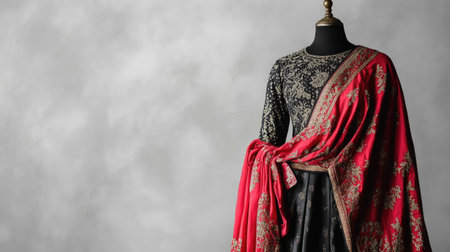 Showcase your cultural flair with this elegant traditional attire featuring intricate designs and a vibrant shawl, perfect for festive occasions and celebrations.の素材