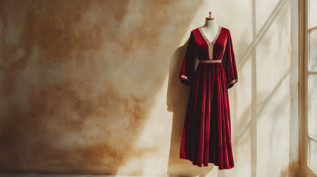 Stunning red dress elegantly displayed in a softly lit room, featuring textured walls that perfectly capture the essence of fashion design and creativity in a serene atmosphere.の素材