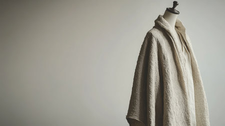 This image features a stylish beige robe draped elegantly on a mannequin against a soft backdrop, ideal for showcasing fashion and lifestyle themes in photography.の素材