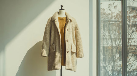 A beautiful cream-colored woolen coat is showcased on a display stand, illuminated by soft natural light in a modern interior setting, perfect for highlighting fashion trends.の素材