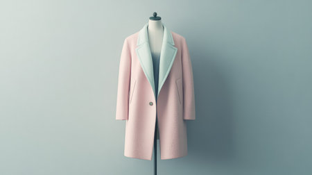 This elegant womens overcoat is showcased on a mannequin against a soft blue background, emphasizing contemporary fashion trends and stylish outerwear for seasonal wear.の素材