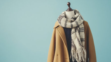 This image showcases a stylish overcoat paired with a warm woolen scarf on a mannequin, set against a vibrant turquoise background, ideal for winter fashion inspiration.の素材