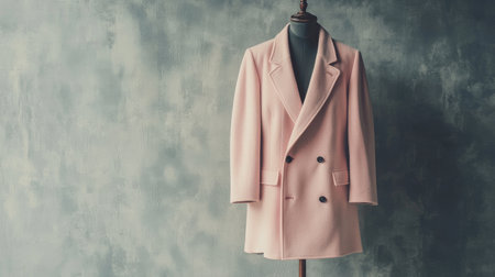 A beautiful soft pink double-breasted coat displayed elegantly on a mannequin against a textured blue wall, ideal for fashion photography and showcasing modern apparel trends.の素材