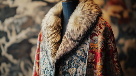 This stunning vintage coat features intricate patterns and a striking fur collar, ideal for showcasing fashion heritage and elegance in exhibitions or collections.の素材