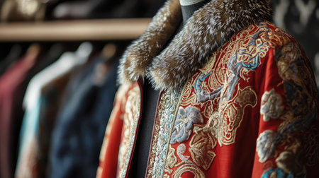 A stunning traditional garment featuring detailed embroidery and a rich fur collar, elegantly displayed to showcase craftsmanship and cultural significance in a fashion studio.の素材