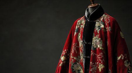 A stunning red velvet garment adorned with intricate floral embroidery on a mannequin, highlighting the beauty of traditional fashion and craftsmanship in an artistic studio environment.の素材