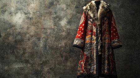 A striking traditional garment featuring intricate patterns and rich colors, beautifully displayed against a textured background, showcasing artistry and cultural heritage in fashion.の素材