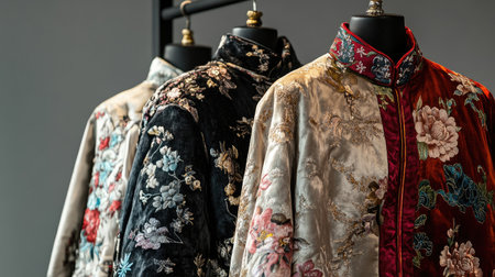 A stunning display of three elegant embroidered jackets, showcasing intricate designs and rich textiles with vibrant colors, perfect for traditional fashion or cultural exhibitions.の素材