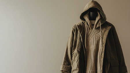 A cozy outerwear design featuring a stylish sweater layered under a hooded jacket, ideal for chilly seasons. Perfect choice for modern fashion enthusiasts.の素材