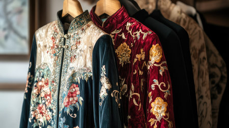 A stunning display of elegantly embroidered garments hangs in a boutique, showcasing intricate designs and rich textures, perfect for fashion enthusiasts and designers alike.の素材