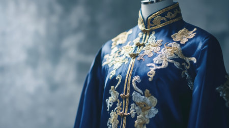 This image features a stunning blue silk dress adorned with intricate embroidery, highlighting traditional craftsmanship and elegance in fashion design. Perfect for visual storytelling.の素材
