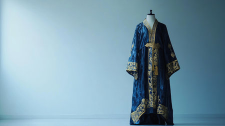 A stunning traditional robe is showcased on a mannequin, featuring intricate gold embroidery set against a minimalist background, emphasizing elegance and craftsmanship.の素材