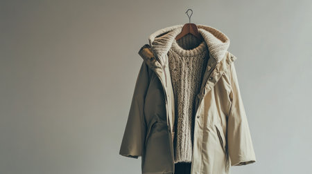 A stylish beige jacket paired with a cream knitted sweater hangs elegantly against a neutral backdrop, perfect for showcasing winter fashion trends and cozy attire.の素材