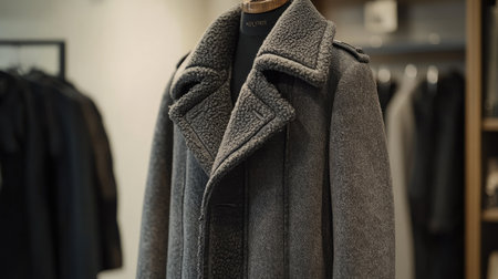 A gray overcoat displayed elegantly in a modern boutique, highlighting its soft texture and stylish design, perfect for sophisticated winter outfits.の素材