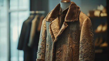 This image features a luxurious brown velvet coat with intricate embroidery, elegantly displayed in a fashion boutique, showcasing exquisite craftsmanship and style.の素材