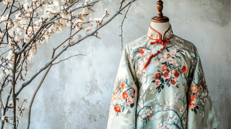 A stunning traditional robe featuring intricate floral patterns, elegantly displayed on a mannequin against a soft textured background, embodying cultural artistry and fashion heritage.の素材