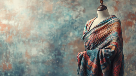 A stunning piece of draped fabric displayed on a mannequin, highlighting colorful patterns against an artistic backdrop, ideal for fashion or textile presentations.の素材