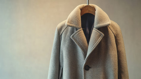 A stylish gray wool coat hangs elegantly on a wooden hanger, showcasing its quality fabric and timeless design, perfect for winter outfits and fashionable looks.の素材
