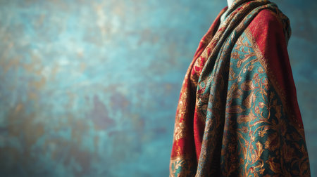 A stunning traditional shawl elegantly draped on a mannequin, contrasting beautifully against a textured blue background, perfect for showcasing textile artistry and cultural heritage.の素材