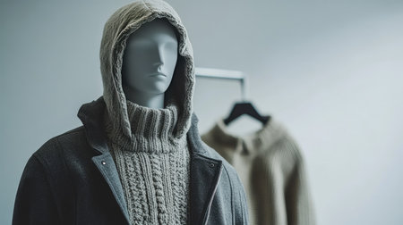 A trendy mannequin showcases stylish apparel featuring a cozy knit sweater and modern outerwear in a chic retail setting, perfect for fashion enthusiasts.の素材
