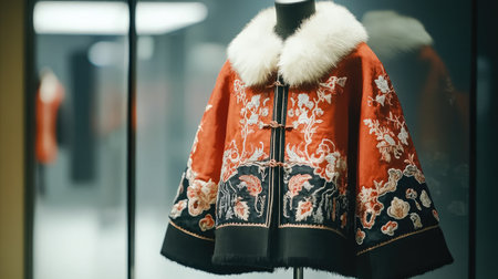 This exquisite red cape features intricate embroidery and a luxurious fur collar, displayed elegantly in a contemporary fashion exhibit, blending tradition with modern style.の素材