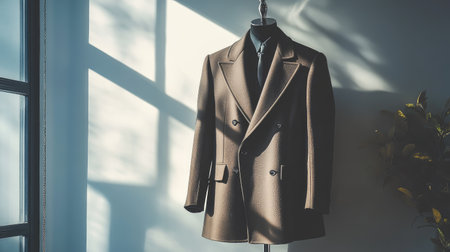 A stylish brown suit jacket displayed elegantly on a mannequin, featuring soft natural lighting that enhances the texture and design, ideal for fashion enthusiasts.の素材
