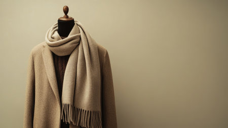 A stylish beige coat paired with a soft scarf on a mannequin, showcasing contemporary fashion ideal for winter styles and seasonal outfit inspiration.の素材