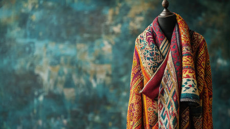 A stunning handwoven textile with vibrant, intricate patterns draped elegantly on a mannequin, set against a colorful abstract background, perfect for artistic showcase and fashion inspiration.の素材