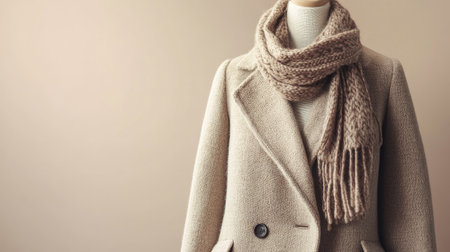A fashionable beige coat sits elegantly on a mannequin, complemented by a soft knitted scarf, perfect for showcasing contemporary winter outfits in a chic setting.の素材