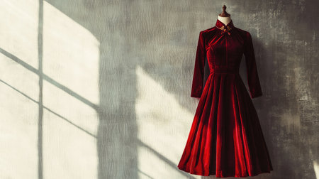 A stunning red vintage dress is gracefully displayed on a mannequin, with soft shadows dancing on the textured wall, creating a serene fashion atmosphere illuminated by natural light.の素材